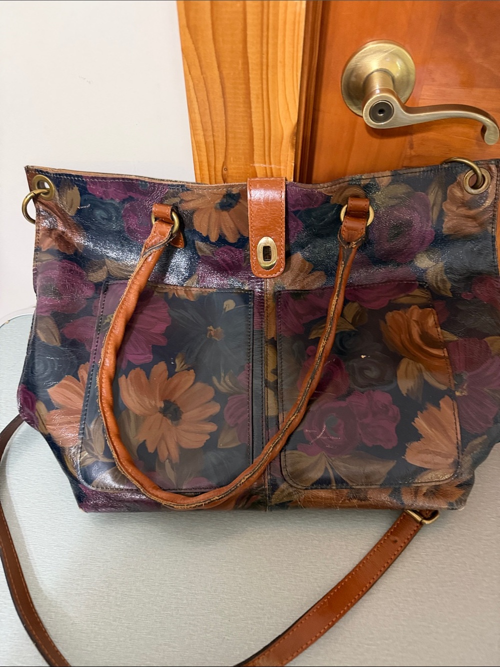 Patricia Nash Floral Leather-Trim Tote Bag in Brown and Purple
